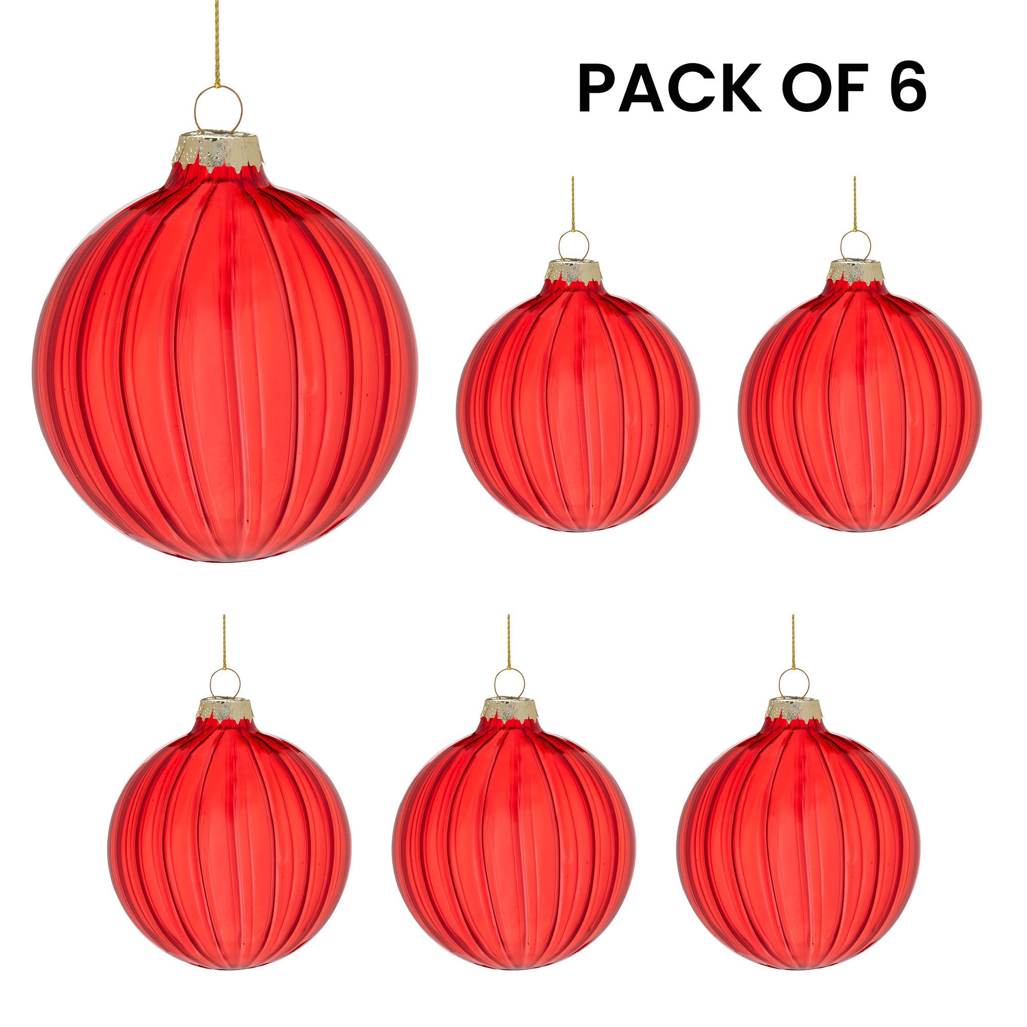 Christabelle Glossy Red Glass Baubles 6Pcs with Textured Stripe Pattern Balls Christmas Tree Decoration Ornament