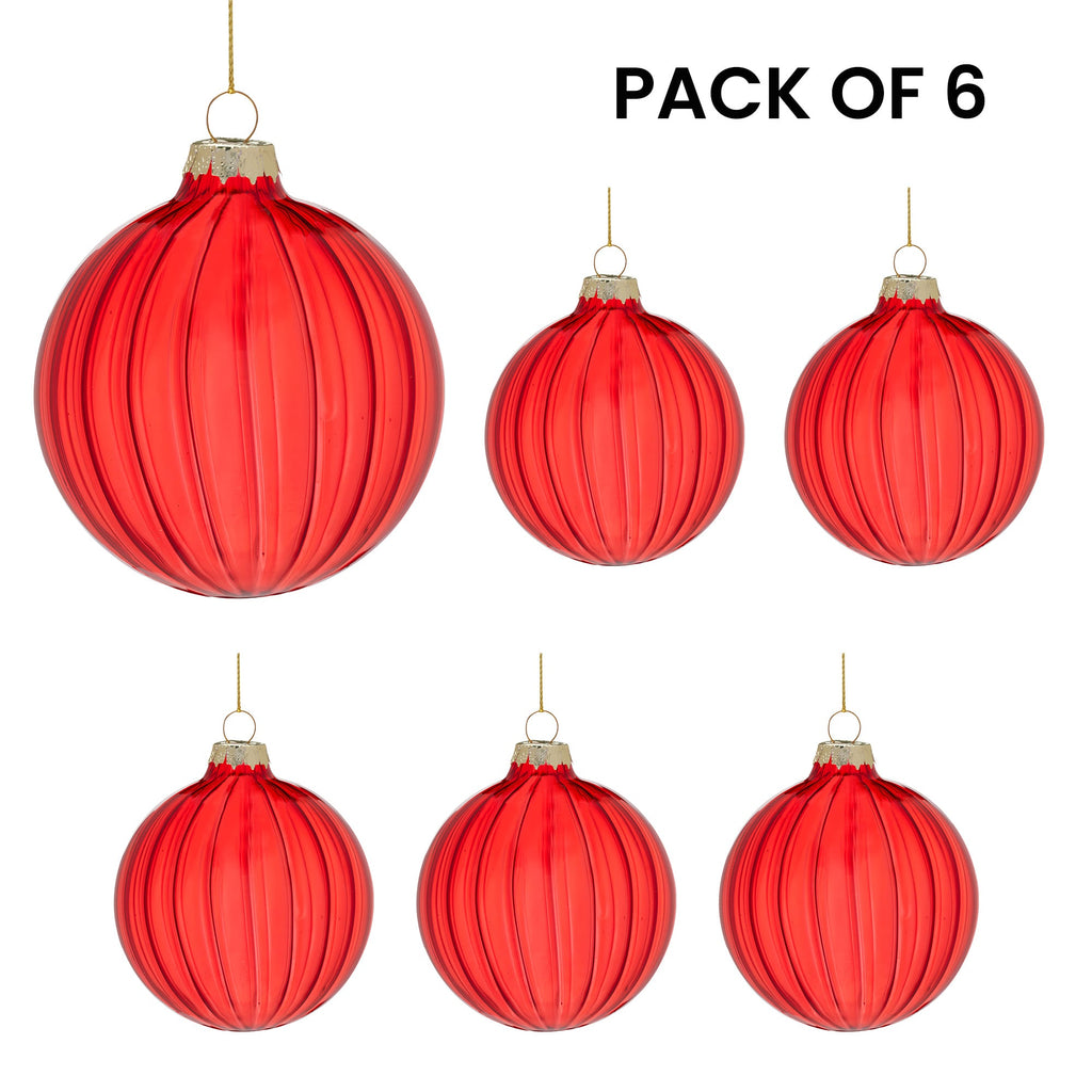 Christabelle Glossy Red Glass Baubles 6Pcs with Textured Stripe Pattern Balls Christmas Tree Decoration Ornament