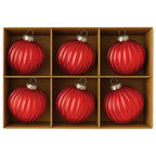 Christabelle Glossy Red Glass Baubles 6Pcs with Textured Stripe Pattern Balls Christmas Tree Decoration Ornament