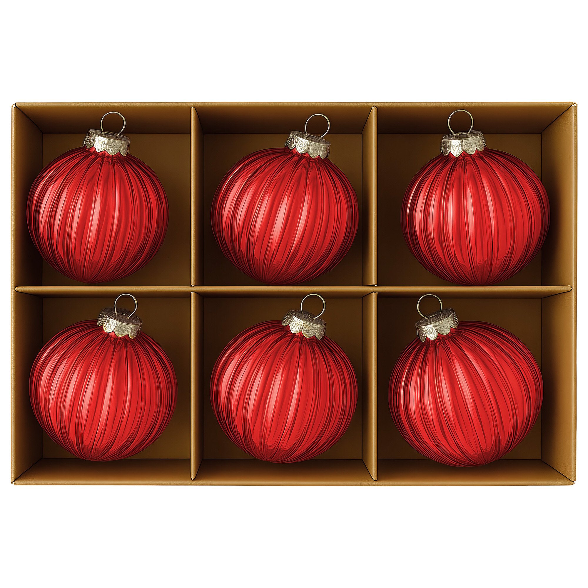 Christabelle Glossy Red Glass Baubles 6Pcs with Textured Stripe Pattern Balls Christmas Tree Decoration Ornament
