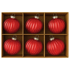 Christabelle Glossy Red Glass Baubles 6Pcs with Textured Stripe Pattern Balls Christmas Tree Decoration Ornament