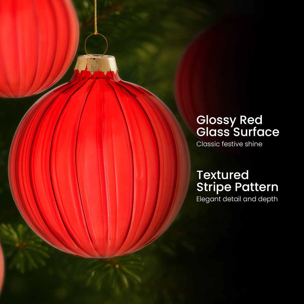 Christabelle Glossy Red Glass Baubles 6Pcs with Textured Stripe Pattern Balls Christmas Tree Decoration Ornament