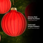 Christabelle Glossy Red Glass Baubles 6Pcs with Textured Stripe Pattern Balls Christmas Tree Decoration Ornament