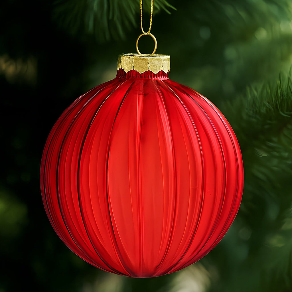 Christabelle Glossy Red Glass Baubles 6Pcs with Textured Stripe Pattern Balls Christmas Tree Decoration Ornament