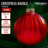 Christabelle Rich Glossy Red Glass Baubles 6Pcs with Textured Stripe Finish Balls Christmas Tree Decoration Ornament