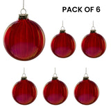 Christabelle Rich Glossy Red Glass Baubles 6Pcs with Textured Stripe Finish Balls Christmas Tree Decoration Ornament