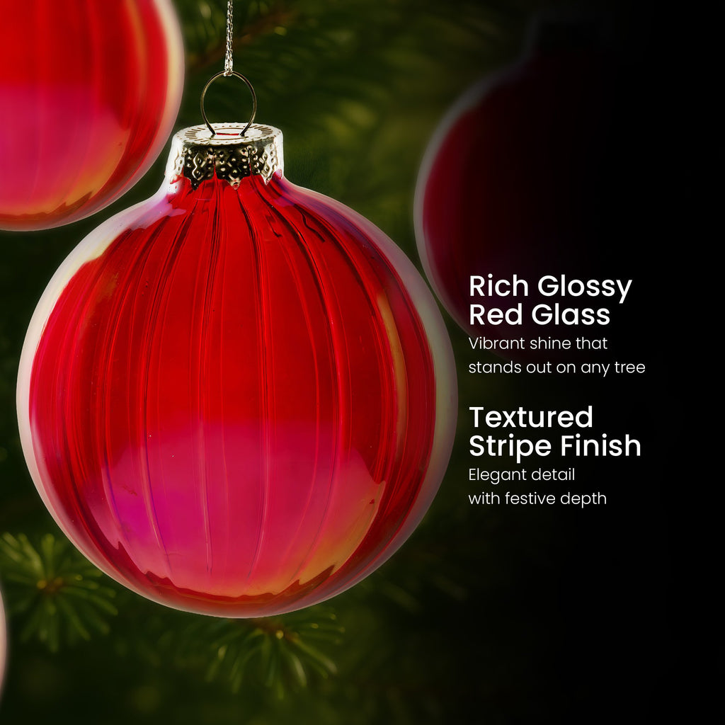 Christabelle Rich Glossy Red Glass Baubles 6Pcs with Textured Stripe Finish Balls Christmas Tree Decoration Ornament