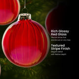 Christabelle Rich Glossy Red Glass Baubles 6Pcs with Textured Stripe Finish Balls Christmas Tree Decoration Ornament