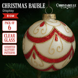 Christabelle White Glass Baubles 6Pcs with Red and Champagne Glitter Swirls Balls Christmas Tree Decoration Ornament