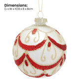 Christabelle White Glass Baubles 6Pcs with Red and Champagne Glitter Swirls Balls Christmas Tree Decoration Ornament