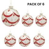 Christabelle White Glass Baubles 6Pcs with Red and Champagne Glitter Swirls Balls Christmas Tree Decoration Ornament