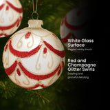 Christabelle White Glass Baubles 6Pcs with Red and Champagne Glitter Swirls Balls Christmas Tree Decoration Ornament