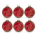 Christabelle 6 Red Glass Christmas Baubles Gold Swirl 8cm Xmas Tree Decorations Hanging Ornaments Gift Boxed Set
