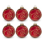 Christabelle 6 Red Glass Christmas Baubles Gold Swirl 8cm Xmas Tree Decorations Hanging Ornaments Gift Boxed Set
