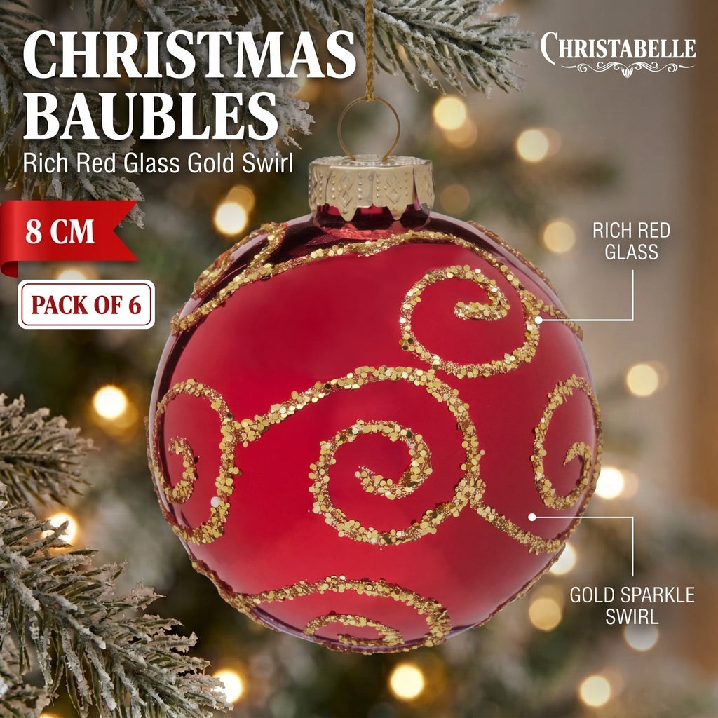 Christabelle 6 Red Glass Christmas Baubles Gold Swirl 8cm Xmas Tree Decorations Hanging Ornaments Gift Boxed Set