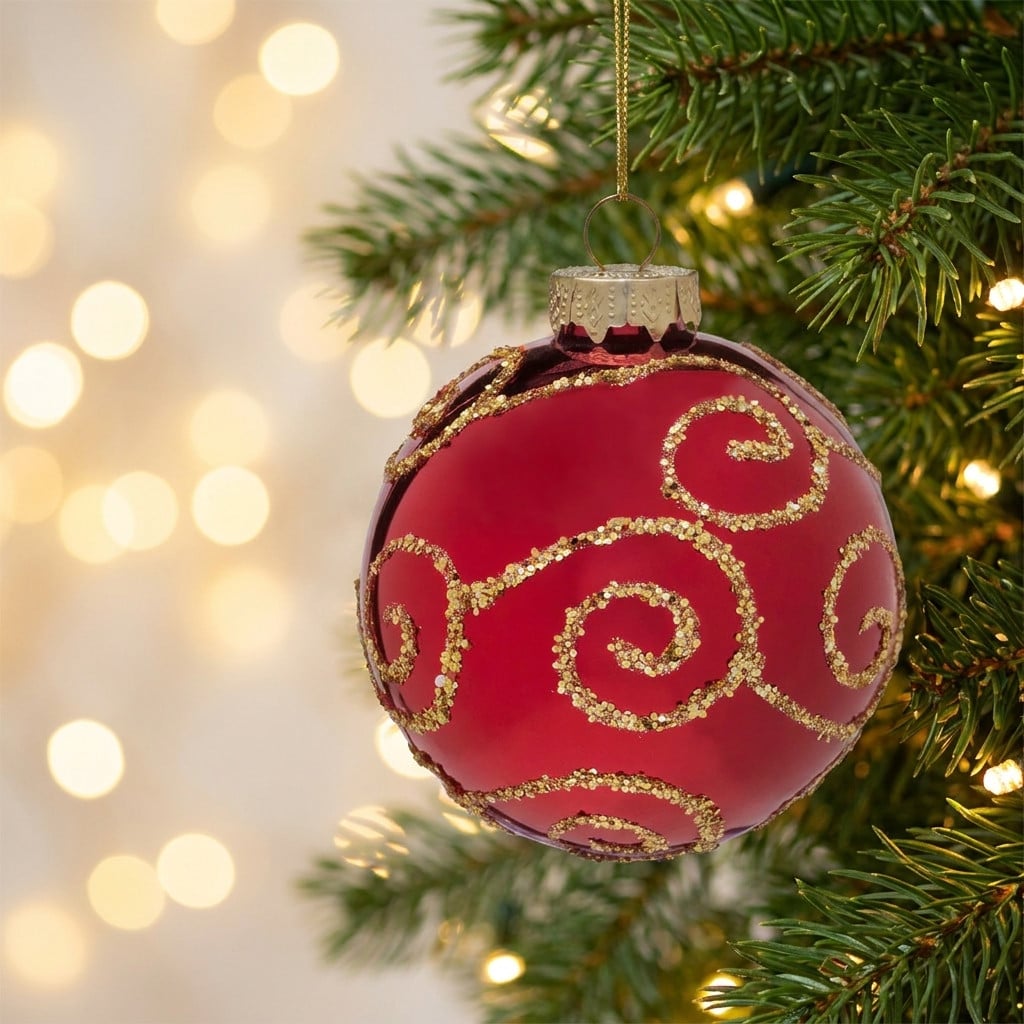 Christabelle 6 Red Glass Christmas Baubles Gold Swirl 8cm Xmas Tree Decorations Hanging Ornaments Gift Boxed Set