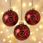 Christabelle 6 Red Glass Christmas Baubles Gold Swirl 8cm Xmas Tree Decorations Hanging Ornaments Gift Boxed Set