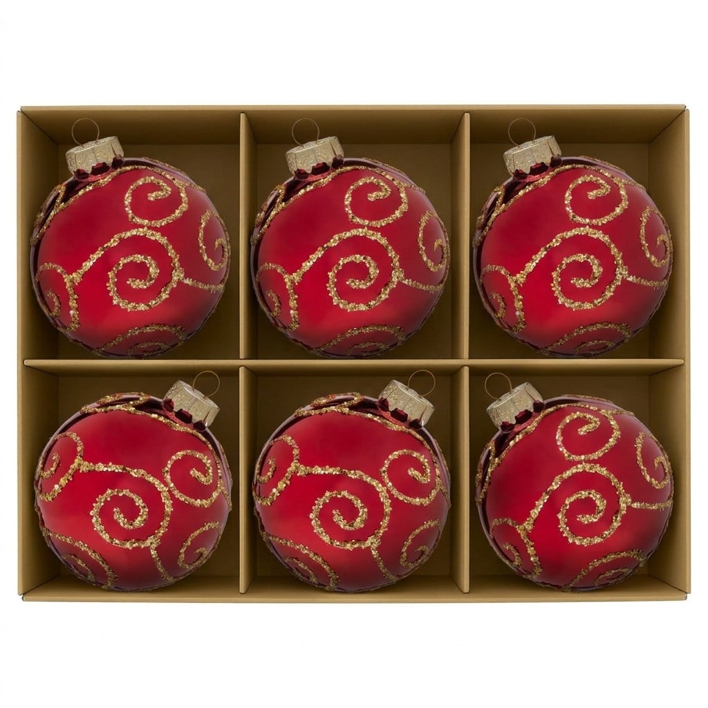 Christabelle 6 Red Glass Christmas Baubles Gold Swirl 8cm Xmas Tree Decorations Hanging Ornaments Gift Boxed Set