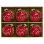 Christabelle 6 Red Glass Christmas Baubles Gold Swirl 8cm Xmas Tree Decorations Hanging Ornaments Gift Boxed Set