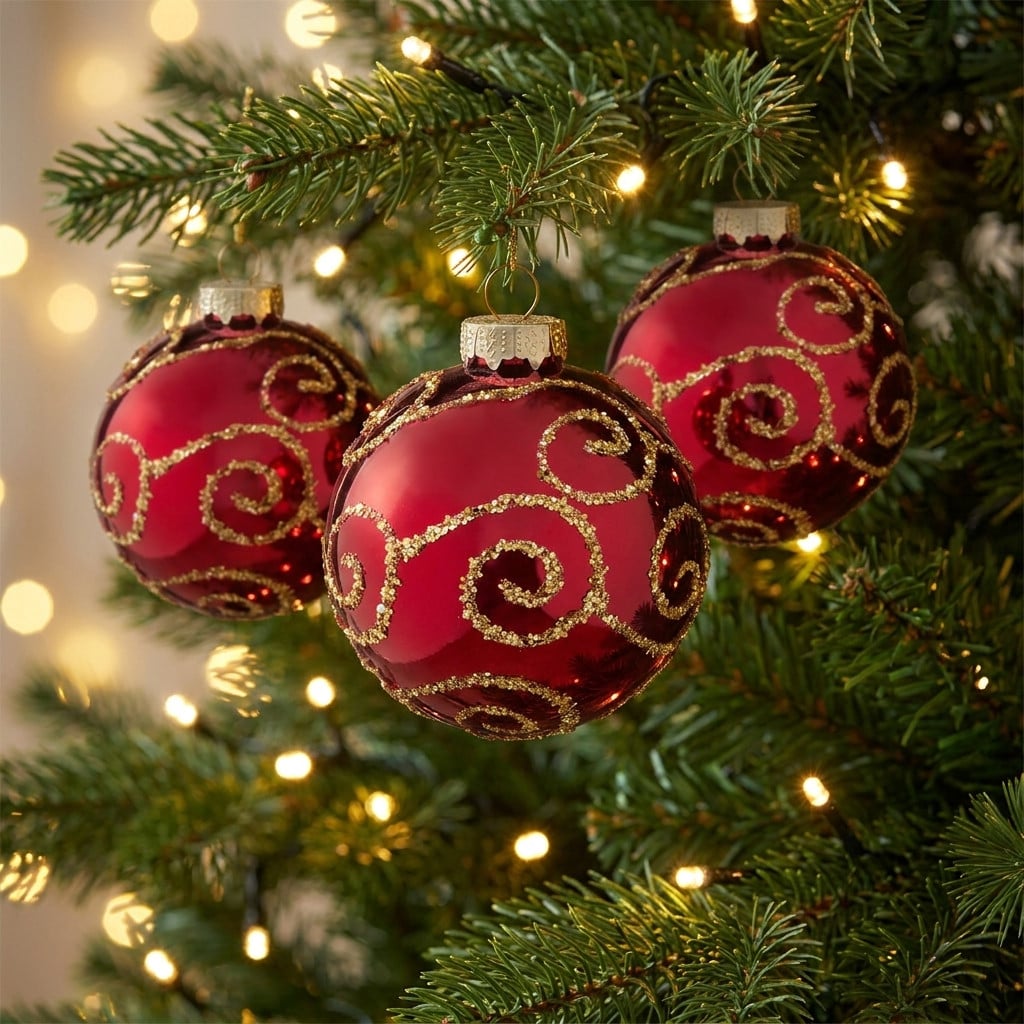 Christabelle 6 Red Glass Christmas Baubles Gold Swirl 8cm Xmas Tree Decorations Hanging Ornaments Gift Boxed Set