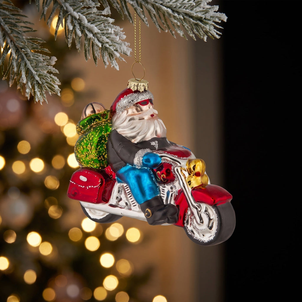 Christabelle 6 Glass Christmas Baubles Motorcycling Santa Novelty 11cm Xmas Tree Decorations Hanging Ornaments