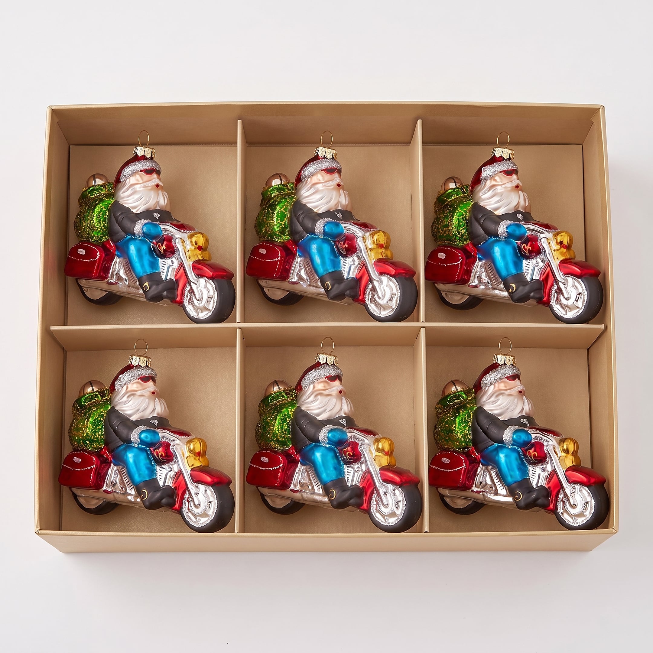 Christabelle 6 Glass Christmas Baubles Motorcycling Santa Novelty 11cm Xmas Tree Decorations Hanging Ornaments