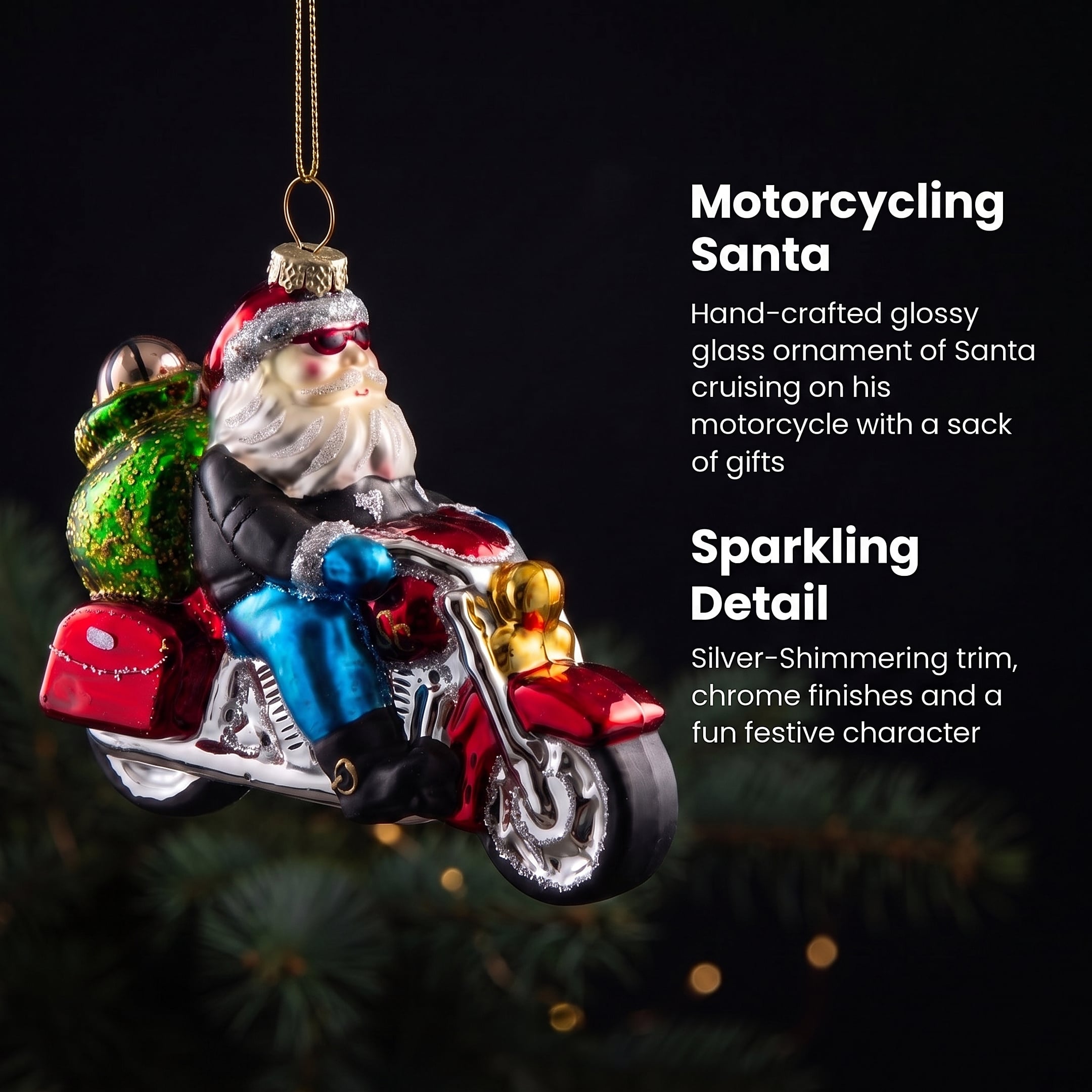Christabelle 6 Glass Christmas Baubles Motorcycling Santa Novelty 11cm Xmas Tree Decorations Hanging Ornaments