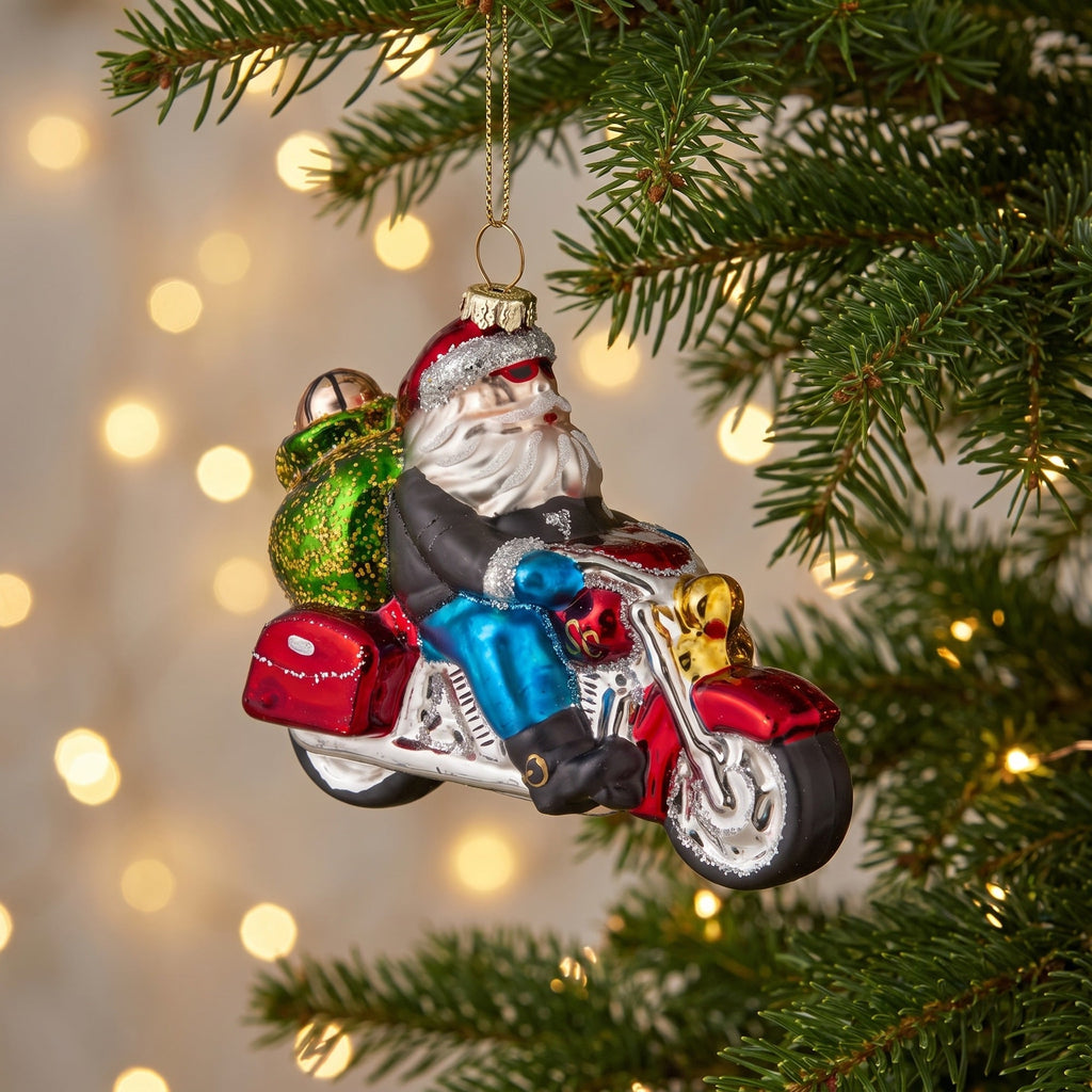 Christabelle 6 Glass Christmas Baubles Motorcycling Santa Novelty 11cm Xmas Tree Decorations Hanging Ornaments