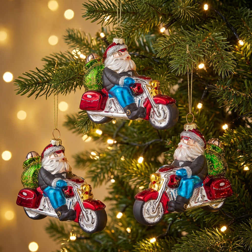 Christabelle 6 Glass Christmas Baubles Motorcycling Santa Novelty 11cm Xmas Tree Decorations Hanging Ornaments
