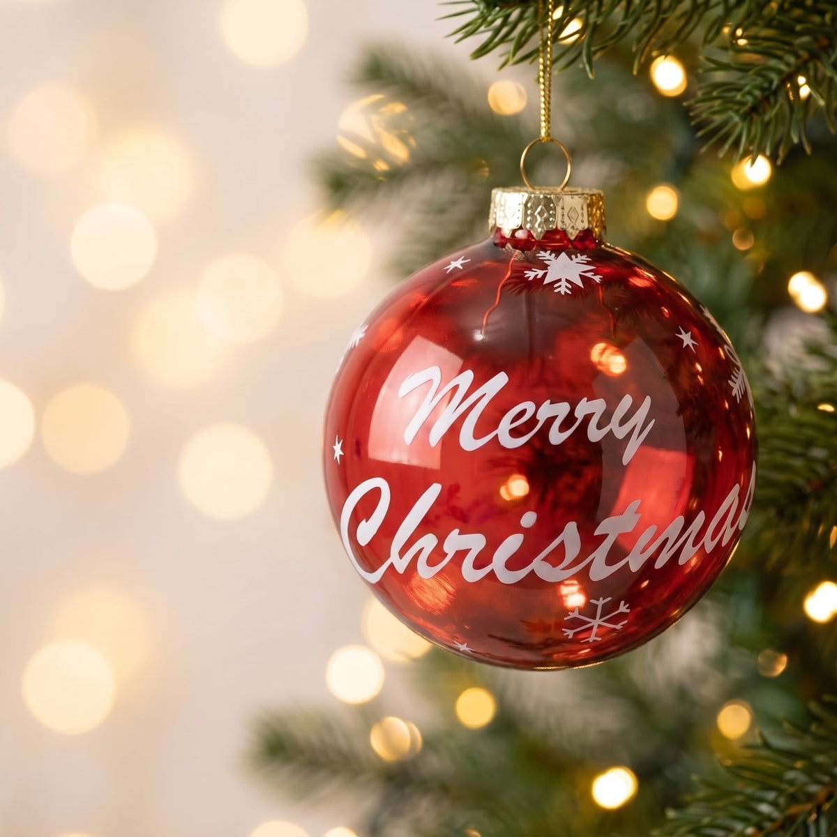 Christabelle 6 Red Glass Christmas Baubles Merry Christmas Design 8cm Xmas Tree Decorations Hanging Ornaments