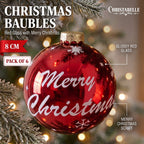Christabelle 6 Red Glass Christmas Baubles Merry Christmas Design 8cm Xmas Tree Decorations Hanging Ornaments