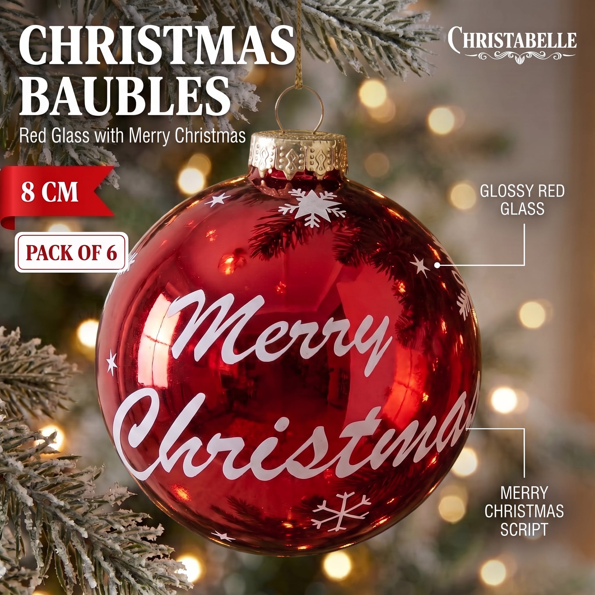 Christabelle 6 Red Glass Christmas Baubles Merry Christmas Design 8cm Xmas Tree Decorations Hanging Ornaments