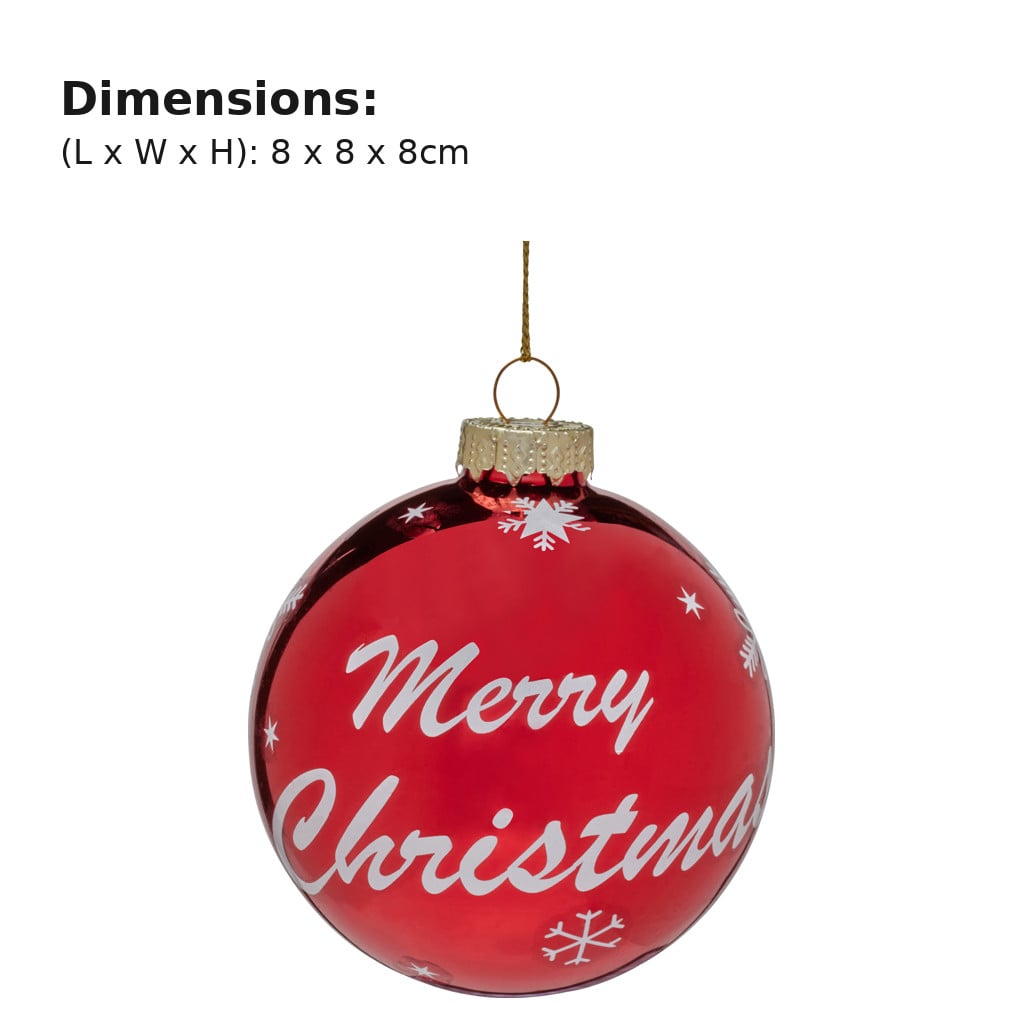 Christabelle 6 Red Glass Christmas Baubles Merry Christmas Design 8cm Xmas Tree Decorations Hanging Ornaments