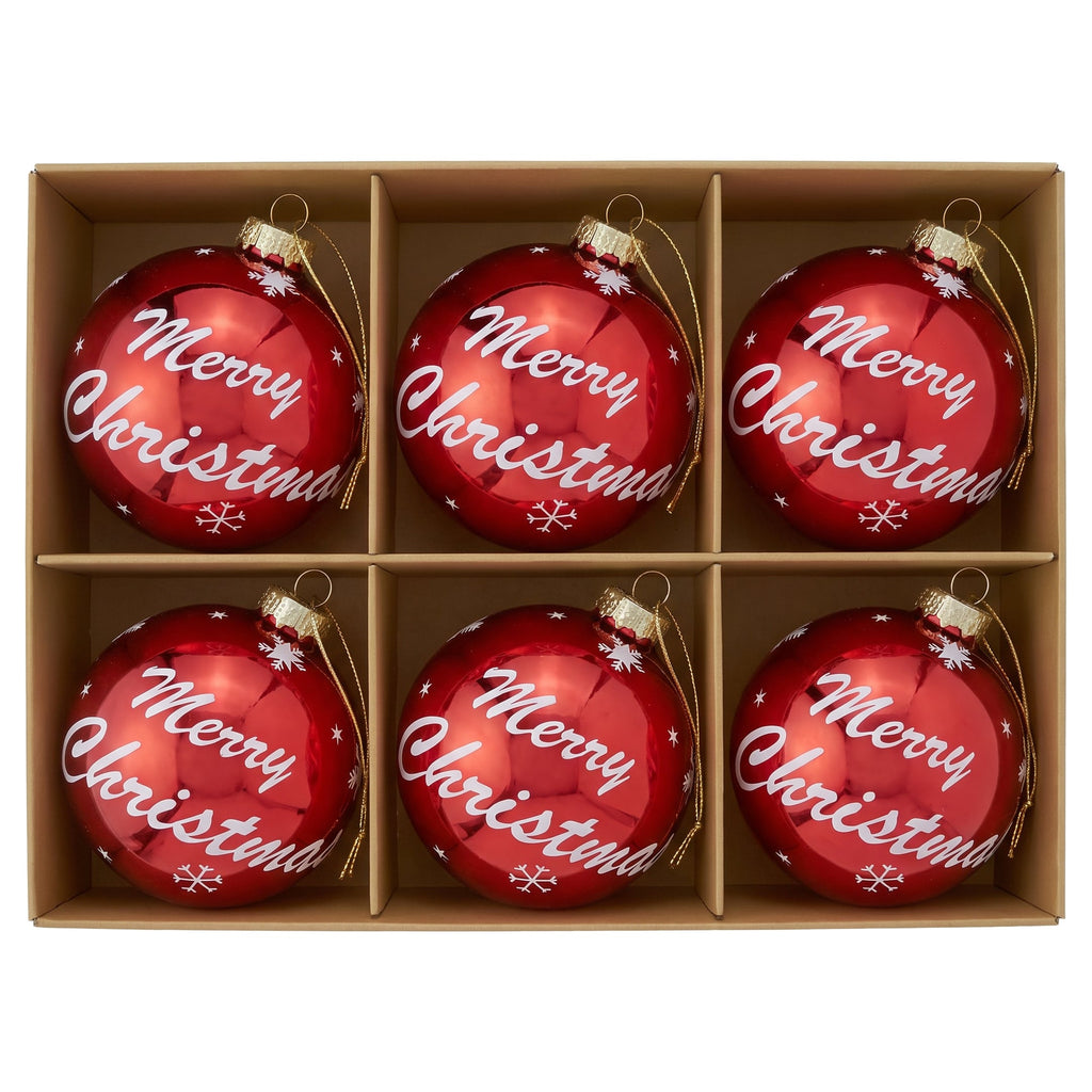 Christabelle 6 Red Glass Christmas Baubles Merry Christmas Design 8cm Xmas Tree Decorations Hanging Ornaments