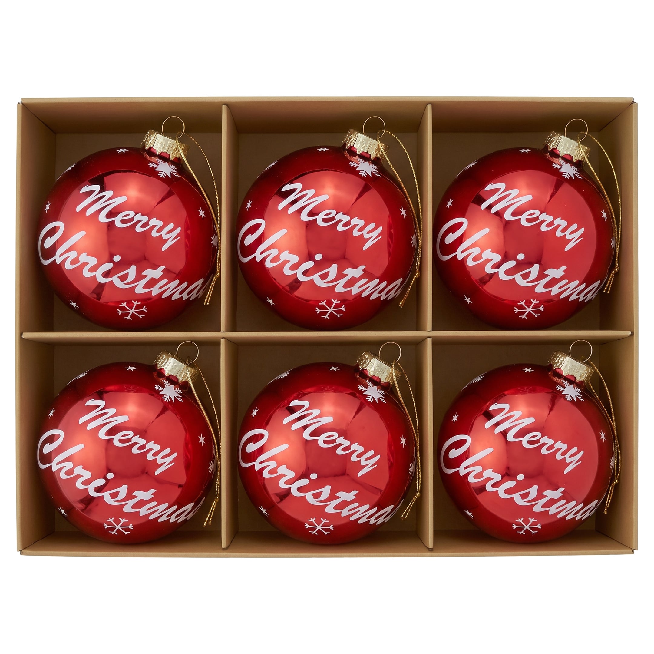Christabelle 6 Red Glass Christmas Baubles Merry Christmas Design 8cm Xmas Tree Decorations Hanging Ornaments