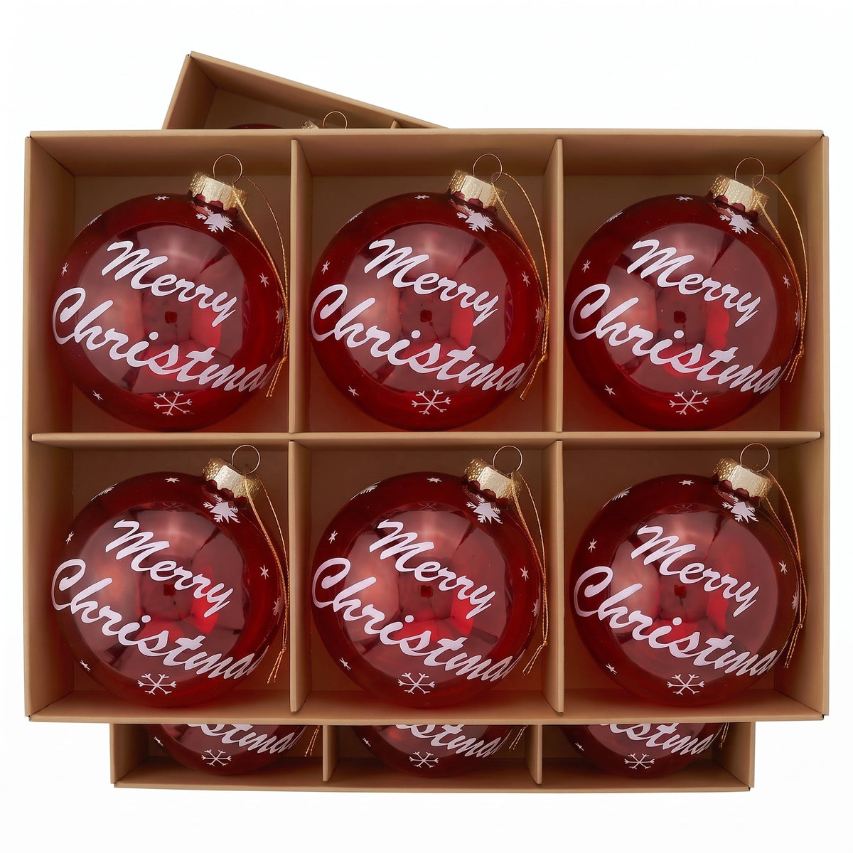 Christabelle 12 Red Glass Christmas Baubles Merry Christmas Design 8cm Xmas Tree Decorations Hanging Ornaments