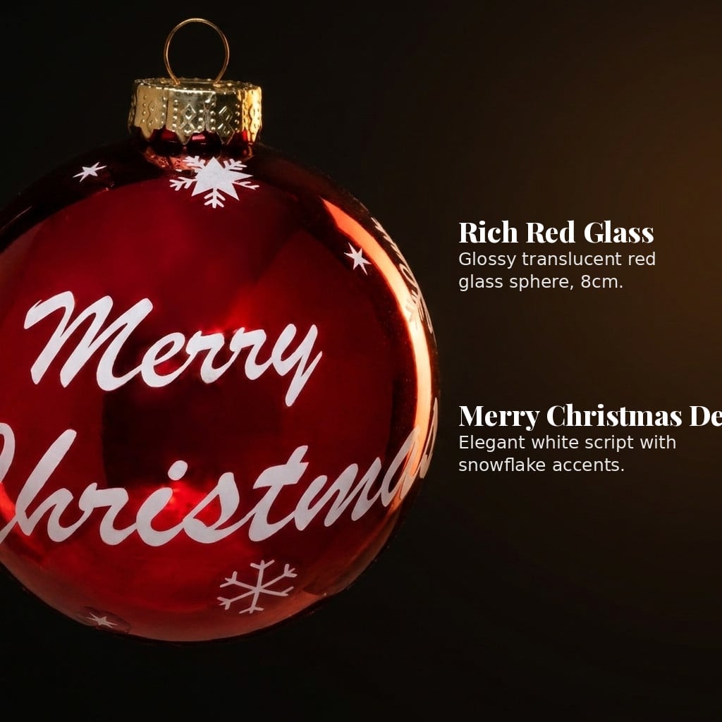 Christabelle 6 Red Glass Christmas Baubles Merry Christmas Design 8cm Xmas Tree Decorations Hanging Ornaments