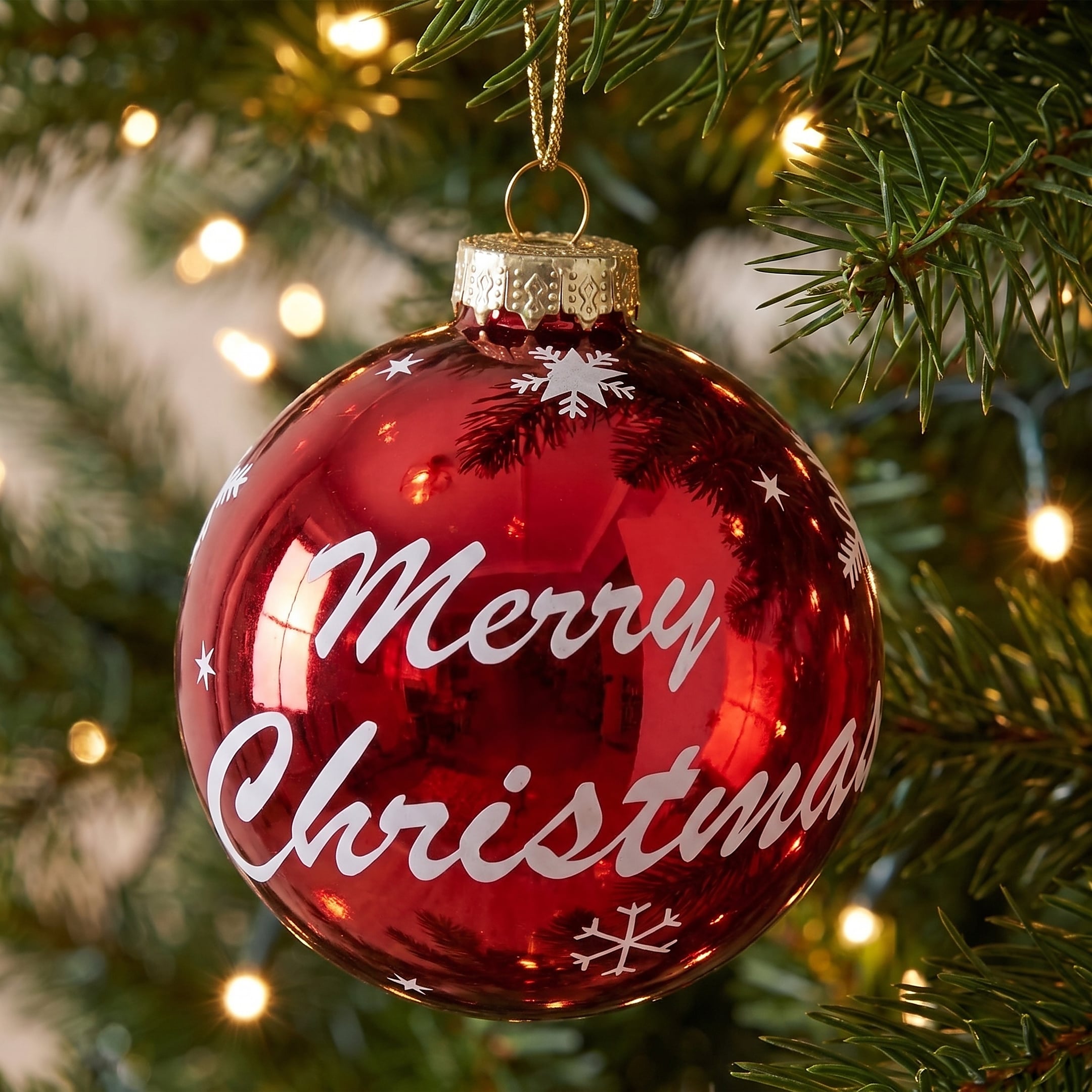 Christabelle 6 Red Glass Christmas Baubles Merry Christmas Design 8cm Xmas Tree Decorations Hanging Ornaments