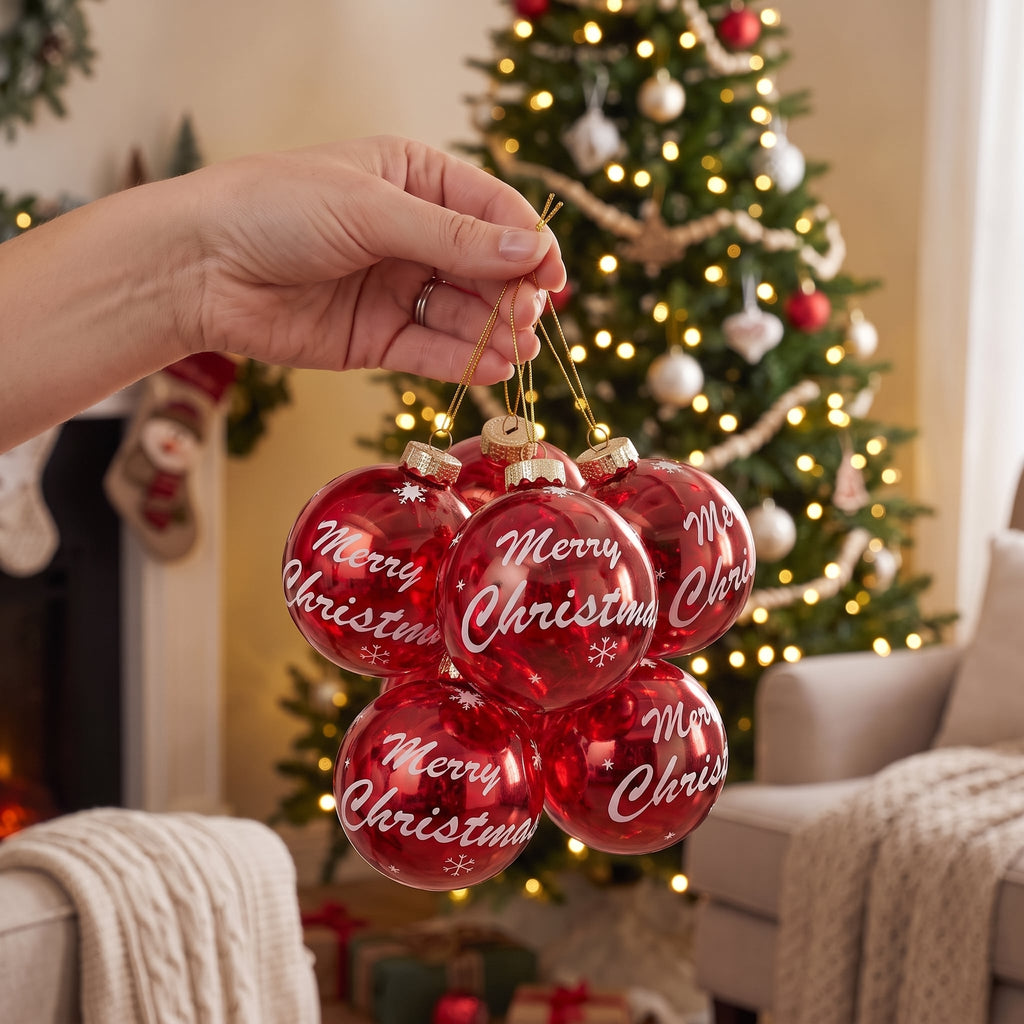 Christabelle 6 Red Glass Christmas Baubles Merry Christmas Design 8cm Xmas Tree Decorations Hanging Ornaments