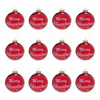 Christabelle 12 Red Glass Christmas Baubles Merry Christmas Design 8cm Xmas Tree Decorations Hanging Ornaments