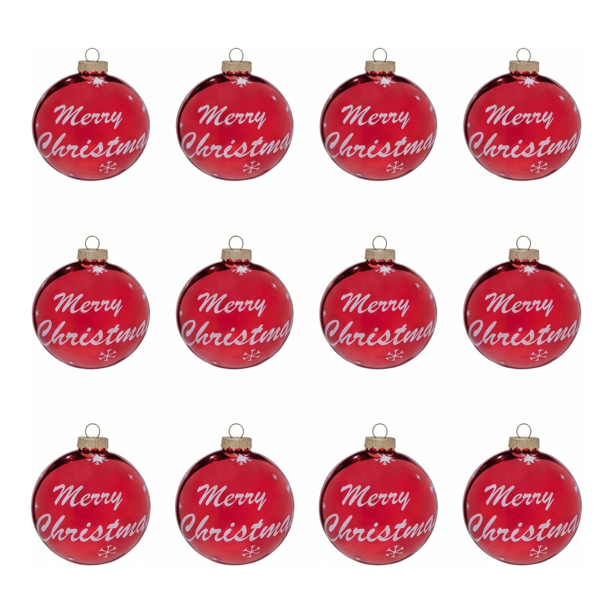 Christabelle 12 Red Glass Christmas Baubles Merry Christmas Design 8cm Xmas Tree Decorations Hanging Ornaments