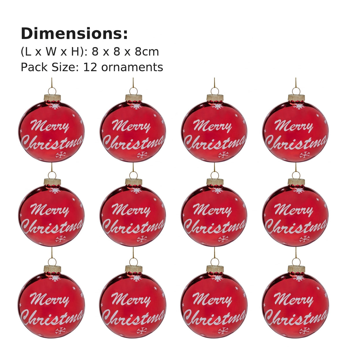 Christabelle 12 Red Glass Christmas Baubles Merry Christmas Design 8cm Xmas Tree Decorations Hanging Ornaments