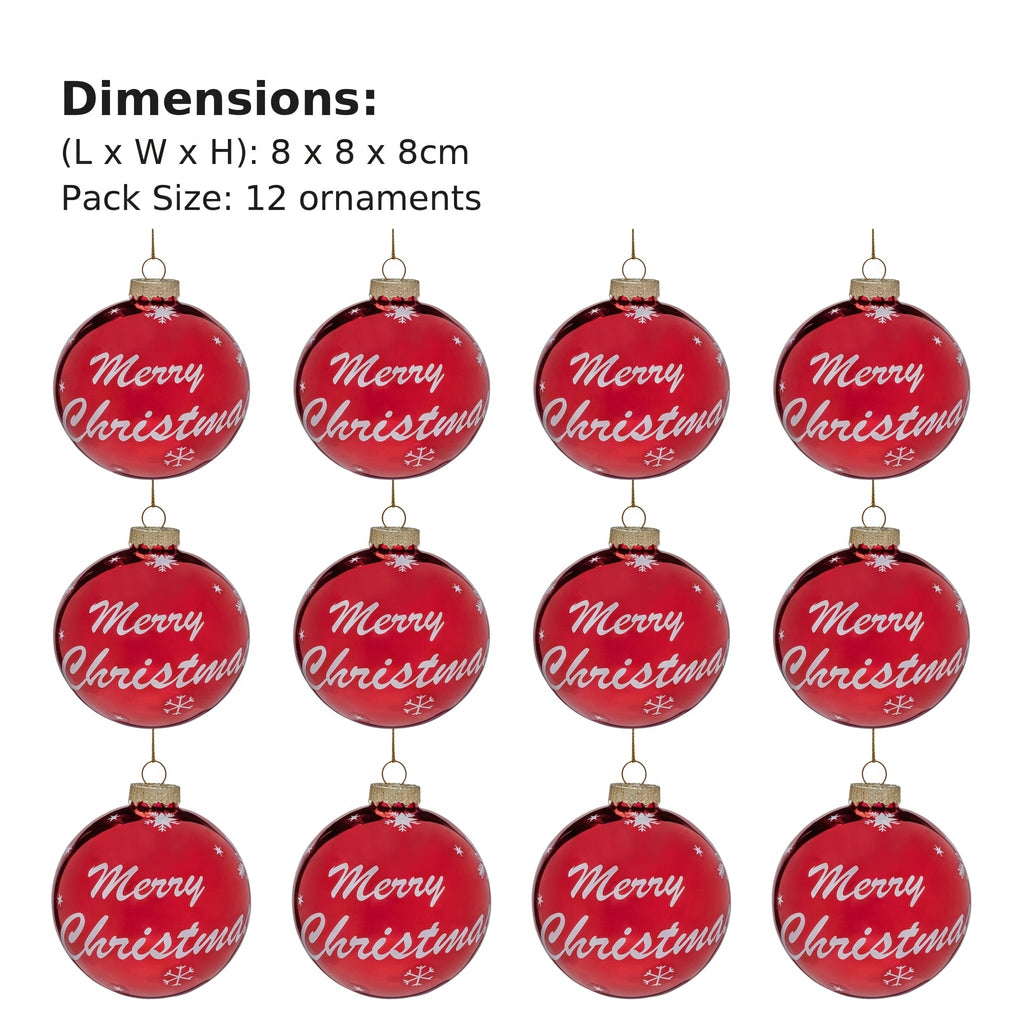 Christabelle 12 Red Glass Christmas Baubles Merry Christmas Design 8cm Xmas Tree Decorations Hanging Ornaments