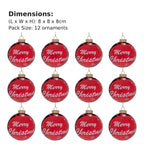 Christabelle 12 Red Glass Christmas Baubles Merry Christmas Design 8cm Xmas Tree Decorations Hanging Ornaments
