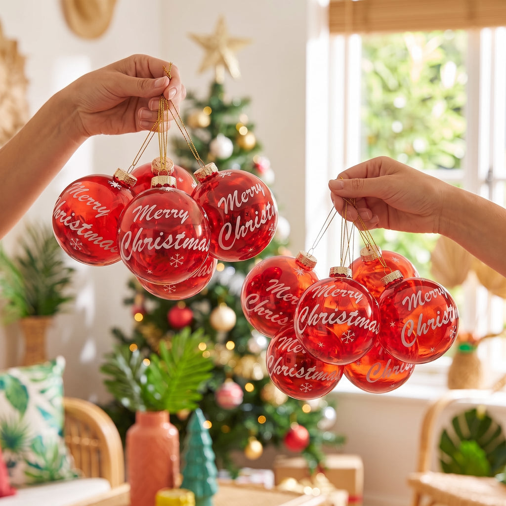 Christabelle 12 Red Glass Christmas Baubles Merry Christmas Design 8cm Xmas Tree Decorations Hanging Ornaments