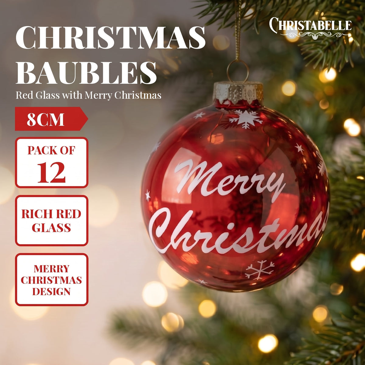 Christabelle 12 Red Glass Christmas Baubles Merry Christmas Design 8cm Xmas Tree Decorations Hanging Ornaments