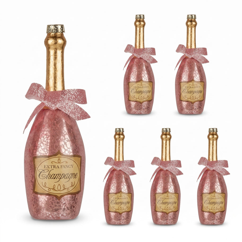 Christabelle 6 Pink Glass Christmas Baubles Champagne Bottle Novelty 14cm Xmas Tree Decorations Hanging Ornaments