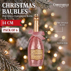 Christabelle 6 Pink Glass Christmas Baubles Champagne Bottle Quirky 14cm Xmas Tree Decorations Hanging Ornaments