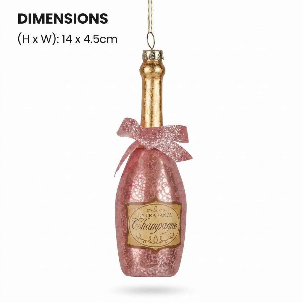 Christabelle 6 Pink Glass Christmas Baubles Champagne Bottle Novelty 14cm Xmas Tree Decorations Hanging Ornaments