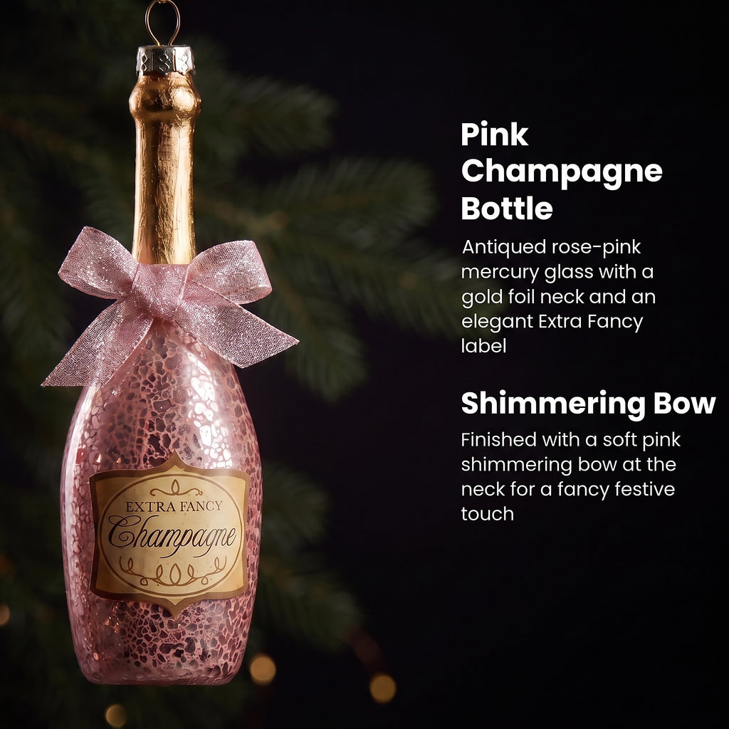 Christabelle 6 Pink Glass Christmas Baubles Champagne Bottle Novelty 14cm Xmas Tree Decorations Hanging Ornaments